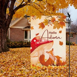 Jauageon Hello Autumn Garden Flag Cute Fox Garden Flag Fall Maple Vertical Double Sided Rustic Farmland Burlap Yard Lawn Outdoor Decor 12.5x18"