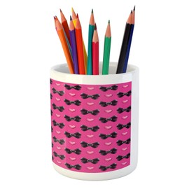 Ambesonne Pearls Pencil Pen Holder, Bow Ties with Hearts Feminine Valentines Day Romantic Theme with Dotted Background, Printed Ceramic Pencil Pen Holder for Desk Office Accessory, Pink Black