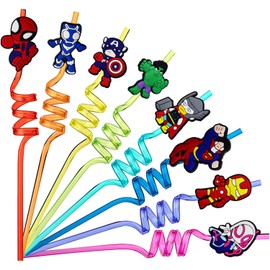 Pack of 16 Superhero Birthday Decoration, Superhero Party Bags, Children's Birthday, Reusable Drinking Bow Straws, Give Aways Children's Birthday Party
