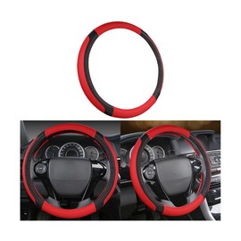 Bittwee Car Steering Wheel Cover, 14.97 Inch Leather Non-Slip Vehicle Steer Wheel Protector, Soft & Breathable Automotive Interior Protection Accessories, Universal for SUV Sedan Truck (Black/Red)