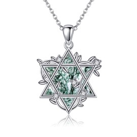 URONE Star Of David Necklace Sterling Silver Star Of David Moss Agate Pendant Necklace Jewish Star Jewellery Gifts for Women