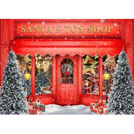 Mocsicka 10x8ft Christmas Santa's Toy Shop Photo Backdrop Snow World Xmas Family Holiday Photography Background Red Showcase Christmas Tree Candy Cane Christmas Supplies Decor Studio Prop