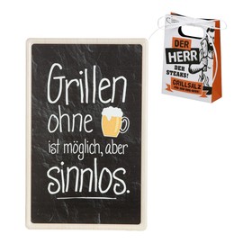 CULT at home 2-Piece Barbecue Gift for Men – Decorative Metal Sign with Saying "Grillen ohne Bier" [German Language] 19 x 30 cm – Grill Salt Grilled Herbs