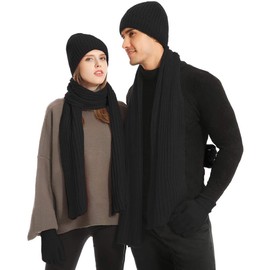3 in 1 Thermal Winter Gear | Glove Scarf Hat Set | Touchscreen Fingers Gloves | Ribbed Knit Scarves | Fleece Lined Beanies (Black)