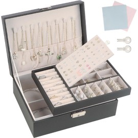 TEIVUL Jewellery Box, Women's 2-Layer Jewellery Storage, PU Leather Jewellery Box with Lock, Suitable for Necklaces, Rings, Earrings, Bracelets, Jewellery Organiser for Women and Girls (Black)