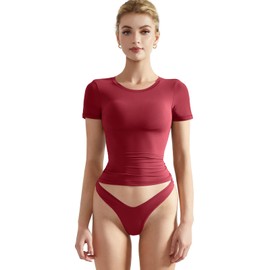 SUUKSESS Women Double Lined Fitted Basic Tee Shirts Crew Neck Short Sleeve Y2K Going Out Crop Tops (Wine Red, M)