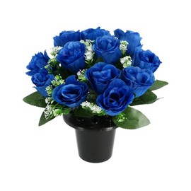 Artificial Flowers For Graves | 12 Head Grave Flower Pots In Bright Blue Colour | Ideal For Cemetery & Memorial Decorations | Funeral Flowers Cemetery Grave Flowers | New & Improved Design & Quality