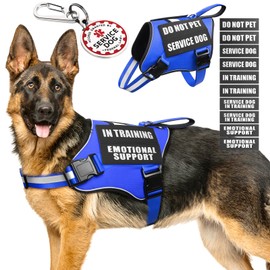 MOOGROU Service Dog Vest Harness+ID Tag+10 Patches,Metal Serivce Dog Tag&Reflective Emotional Support Dog Vest with Handle for Large Dogs,Easy Put On/Off for Training/Walking/Everyday Blue XL
