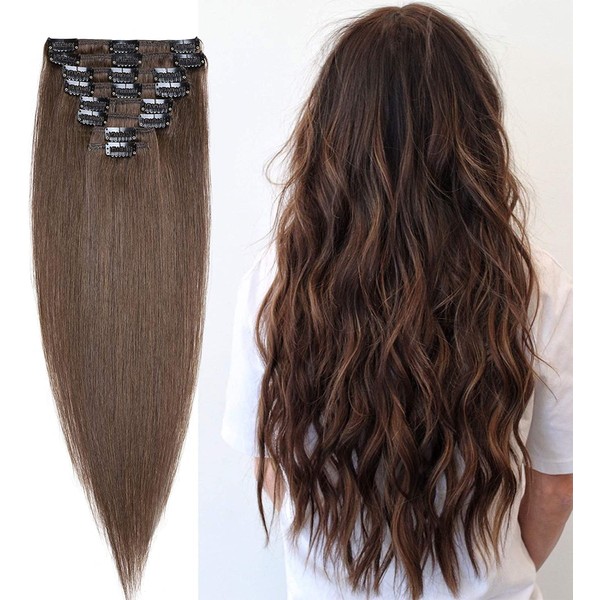 Clip-In Real Hair Extensions #4 Medium Brown - Real Remy Real Hair Extensions 8 Wefts 18 Clips Thick Weft Hair Extensions 140 g - 45 cm