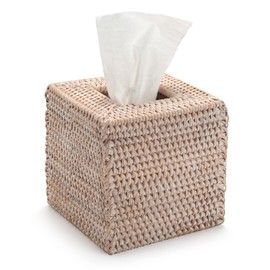 Rattan Tissue Box Cover Natural Woven Facial Napkin Holder Square (White, 5.5x5.5x5.9 Inch)