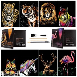 Scratch & Sketch Art Paper A4 for Kids & Adults, Rainbow Painting Night View Art&Craft, Engraving Art Set: 8 Sheets Scratch Cards & Scratch Drawing Pen, Clean Brush (Beast/Animal)