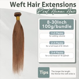 Rich Choices Weft Hair Extensions Real Human Hair Straight Weave Hair Extensions 12 Inch 100g Sew in Weft Human Hair Extensions Real Remy Hair Extensions Human Hair Bundles #6 Light Brown