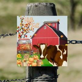 Hello Fall Cow Barn Wood Signs Farmhouse Farm Animal Wall Plaque Autumn Harvest Wall Sign Wall Decor Hanging Plaque Sign for Kitchen Living Room Bedroom Home Housewarming Gift 12x12in