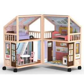 So Darling Wooden Dollhouse on Wheels, Open & Close with 29 Accessories