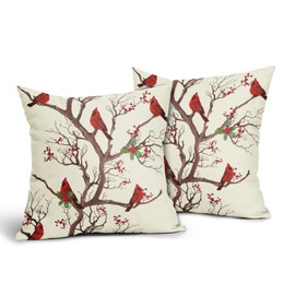 Aytipun Red Winter Bird Pillow Covers 16x16 Set of 2 Rustic Christmas Bird Branches Leaf Print Decorative Outdoor Pillowcases Rustic Farmhouse Throw Cushion Case Decor for Couch Sofa Bed
