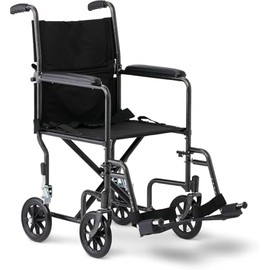 Caring Folding Transport Wheelchair with Swing-Away Footrests, Full Length Arms, Lightweight Carbon Steel Frame, 17” Padded Seat, Portable for Adults & Seniors, 250 lb Capacity, Black