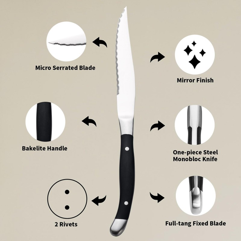 Alata Bakelite Black 8-Piece Steak Knives Set, Stainless Steel Steak