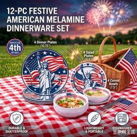 Webbylee 12 Piece Melamine Dinnerware Set,Unbreakable Plates and Bowls with Statue of Liberty&American Flag Pattern,Lightweight Outdoor Dishes for RV Camping Picnic,4th of July Independence Day Decor