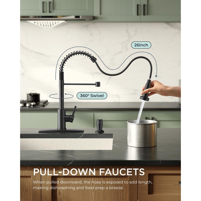 FORIOUS Black Kitchen Faucet with Soap Dispenser, Single Handle Stainless