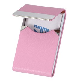 PATIKIL Business Card Holder, Metal PU Leather Slim Name Card Holder Case Pocket with Magnetic Shut for Office Credit, Litchi Grain/Pink