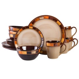 Gibson Casa Estebana 16-Piece Dinnerware Set, Service for 4 – Beige and Brown Stoneware Plates and Bowls