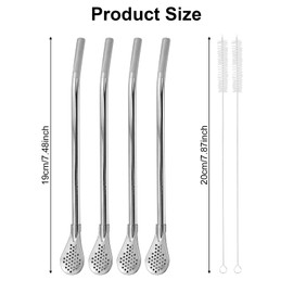 4Pcs Stainless Steel Straws with Filter Spoon, Filter Straw Spoon, Reusable Bombillas Straws Spoon with 2 Cleaning Brushes for Loose Tea, Coffee, Beverages