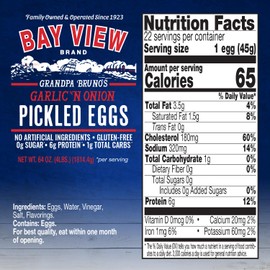 Bay View Pickled Eggs, No Artificial Ingredients, Gluten Free, 0g Sugar, 6g Protein, Fresh Grade A Eggs, Boiled and Peeled (64oz, Garlic and Onion)