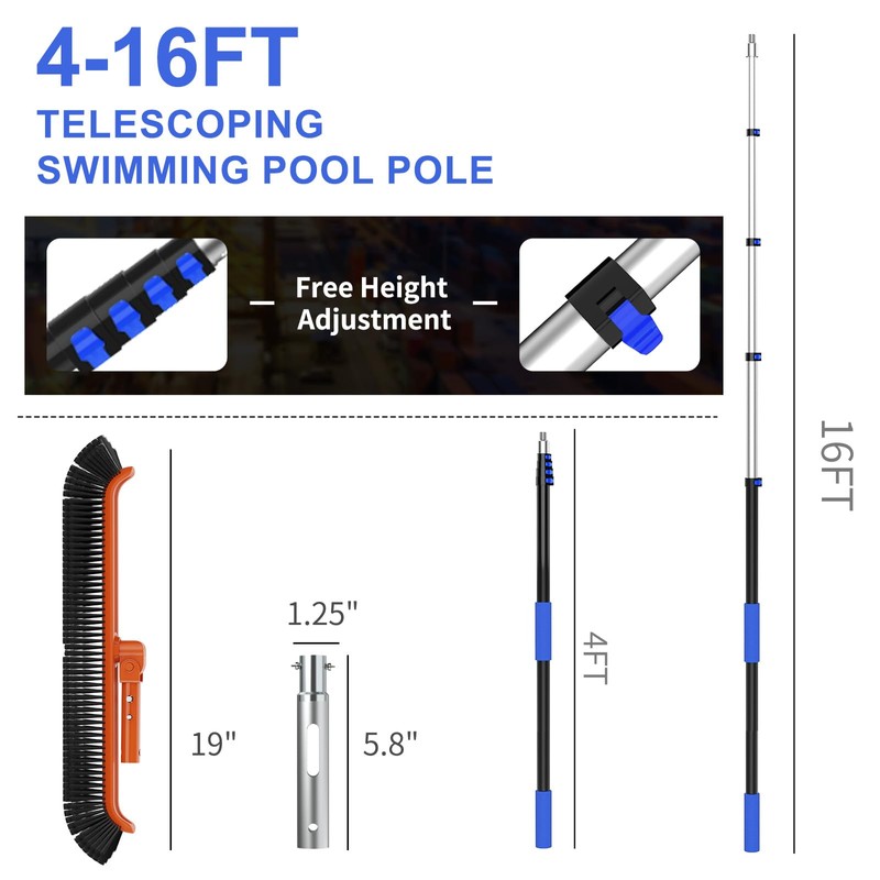 SKGPOLE 16FT Swimming Pool Pole with Brush, Upgraded Pool Pole