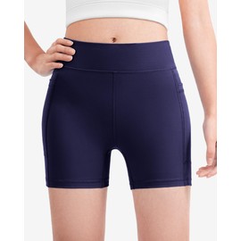 JOCMIC Girls 4" Volleyball Shorts Spandex Compression Youth Bike Shorts with Pockets for Athletic Dance Navy 5-6 Years