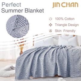 jinchan Boho 100% Cotton Blanket Muslin Lightweight Twin Size Quilted Throw Blanket for Couch Soft Cozy All Season Blanket 3-Layer Geometric Cotton Blanket for Bedroom Decor Blue 60x80 Inches