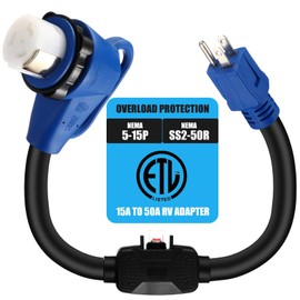 Kingdder 18 Inch Overload Protector Compatible with NEMA 5-15P to SS2-50R 15 to 50 A RV Adapter Cord with Circuit Breaker, 3 Prong 15 A to 3 Prong 50 A RV Power Cord with Handle, STW 10 AWG ETl Listed