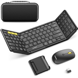 Samsers Foldable Keyboard and Mouse, Samsers Folding Bluetooth Keyboard Mouse Combo, 2.4G + BT5.0 x 2, Full-Size Portable Travel Keyboard & USB-C Rechargeable Wireless Mouse for iOS Android Windows Mac OS