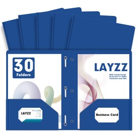 LAYZZ Plastic 2 Pocket Folders with Prongs, 30 Pack, Heavyweight, Letter Size Poly Folders with 3 Metal Prongs Fastener Clips (Blue)