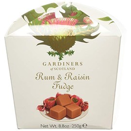 Gardiners of Scotland Rum & Raisin Fudge - Beautiful Thistle Design Carton Luxurious Creamy Texture Traditional Family Recipe Perfect Idea for a Gift No Artificial Ingredients - 250g Carton