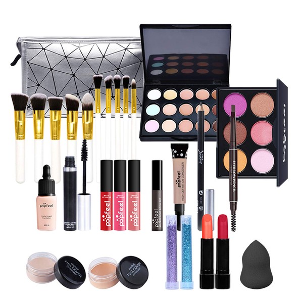 Joyeee All in One Makeup Kit, Makeup Bag with Deluxe Makeup Palette/Cosmetic Brush Set/Foundation/Lipstick/Concealer for Women, Portable Cosmetic Bag Gift Set for Women, Girls & Teens, Silver