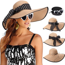 DRESHOW Wide Brim Sun Hats for Women Floppy Woven Straw Beach Hat UPF 50+ Hat＆Heart Shape Glasses 3 Ribbons Spectacle Cases