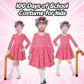 Old Lady Costume for Kids Girls 6t -7t 100 Days of School Costume Outfit 100th Day of School Dress Up for Girls Kids Granny Grandma Costume Old Person 100 Year Old Costume Old Lady Dress Wig for Kids