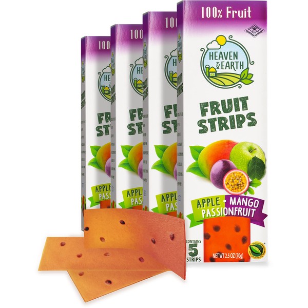 Heaven & Earth Tiras de frutas sin gluten, manzana, mango y fruta de la pasión 2.5 onzas (paquete de 4), 100% frutas, veganas, sin azúcares añadidos, colores o saborizantes