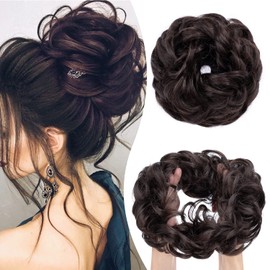 Hairro Messy Hair Bun, Dark Brown Large Messy Bun Wavy Curly Updo Scrunchies Thick 55g Brown Chignon Hair Piece Synthetic Hair Extensions Fake Hair Bun Hairpieces for Women Girls