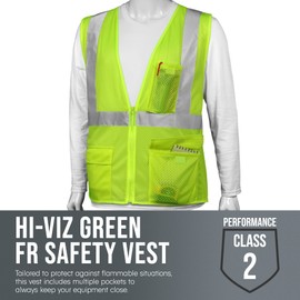 Glow Shield Flame Resistant High Visibility Class 2 Safety Vest, Additional Pockets, Reflective Stripes & Zipper Closure, Green, X-Large