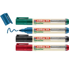 edding 28 Ecoline whiteboardmarker set - zwart, rood, blauw, groen - 4 whiteboardstiften - ronde punt 1,5 - 3 mm - boardmarker uitwisbaar - voor whiteboard, flipchart, prikbord, memobord - navulbaar