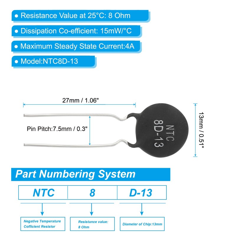 PATIKIL NTC Thermistors Resistors, 10Pcs 8 Ohm NTC 8 D-13