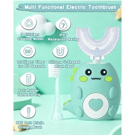 Spazzolino elettrico a forma di U per bambini, spazzolino automatico rotondo a 360º con 4 testine, timer intelligente e tazza di asciugatura all'aria, 3 modalità di pulizia, spazzolino elettrico