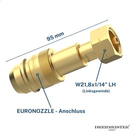 Drehmeister Euronozzle LPG Adapter - Gas Bottle Adapter W21.8 x 1/14 LH - 95 mm - Autogas Tank Adapter for Spain & Portugal - Brass, High Quality Workmanship