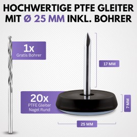 Filzada 20 x Teflon Gliders Nail / Furniture Glides with Nail Diameter 25 mm - Includes Drill - Made of High-Quality PTFE - Gliders for Chairs - Floor Protectors for Chairs - Chair Glides Tiles