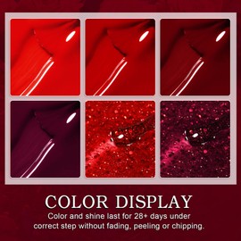 YSUVIN Smalto Semipermanente, 6 Colori Serie Rossa, Rosso Vintage Vino Glitterato Semipermanente Unghie Kit, Smalto Per Unghie Soak Off UV/LED Lampada Diy Manicure Nail Art Set, 8ml