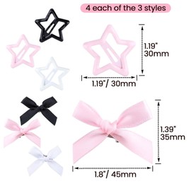 24 Pcs Star Hair Clips, Satin Bow Hair Clips Metal Non-Slip Snap Y2k Barrettes Mini Bowknot Hair Clip Star Hair Accessories for Women Girls((Black, White, Pink)