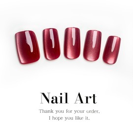 Red Press on Nails Medium Square Acrylic Nails Glossy Shiny Fake Nails Glitter Glue on Nails for Cat Eye, Full Cover Artificial Nails Stick on Nails for Women Manicure Decoration 24Pcs