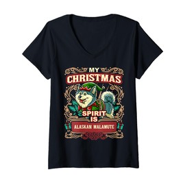 Womens Alaskan Malamute My Christmas Spirit Dog Santa Claus Elf V-Neck T-Shirt