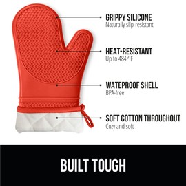 GORILLA GRIP BPA-Free Soft Silicone Oven Mitts, Heat Resistant and Waterproof Cooking Gloves, Thick Cotton Lining, Flexible Gripping for Baking Grilling, Kitchen Potholders Set of 2, 12.5x8.3, Coral